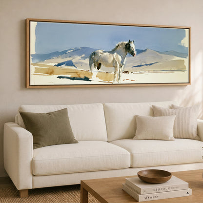 Stillness on the Range Horse Landscape panoramic canvas wall art displayed above a sofa