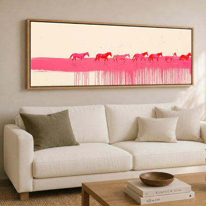 Vivid Magenta Horizon Beach Horse panoramic canvas wall art displayed above a sofa