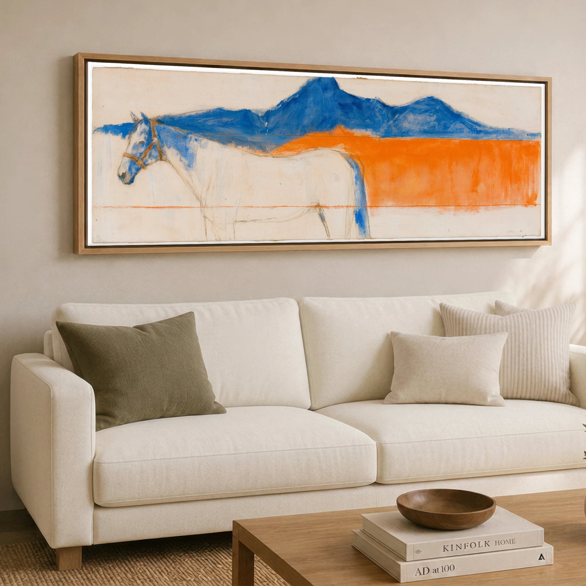 Abstract Ultramarine Horizon Horse Landscape panoramic canvas wall art displayed above a sofa