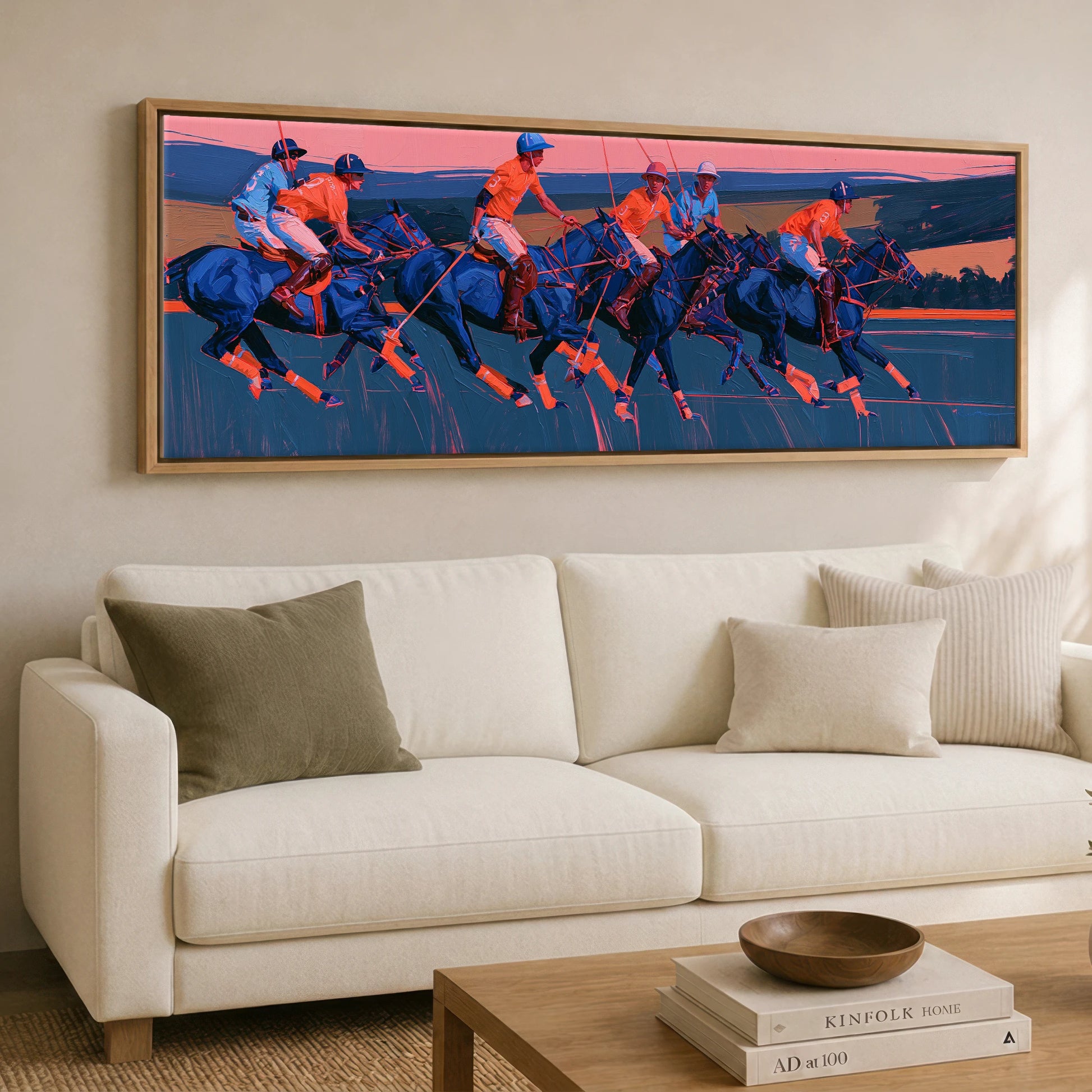 Vibrant Polo Charge Polo Horse panoramic canvas wall art displayed above a sofa