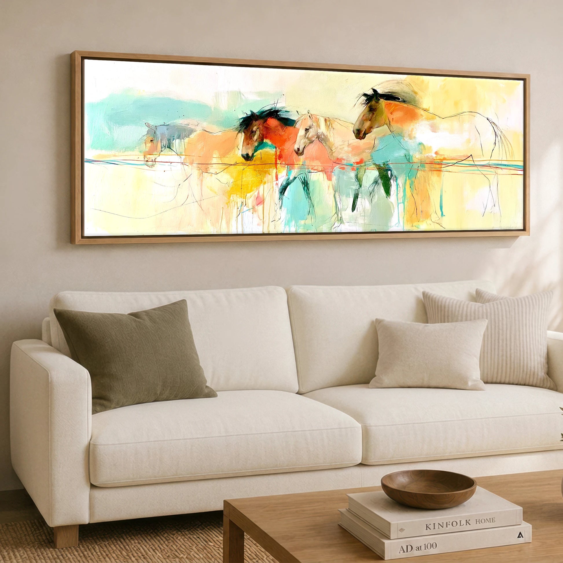 Vibrant Equine Horizon Horse Landscape panoramic canvas wall art displayed above a sofa