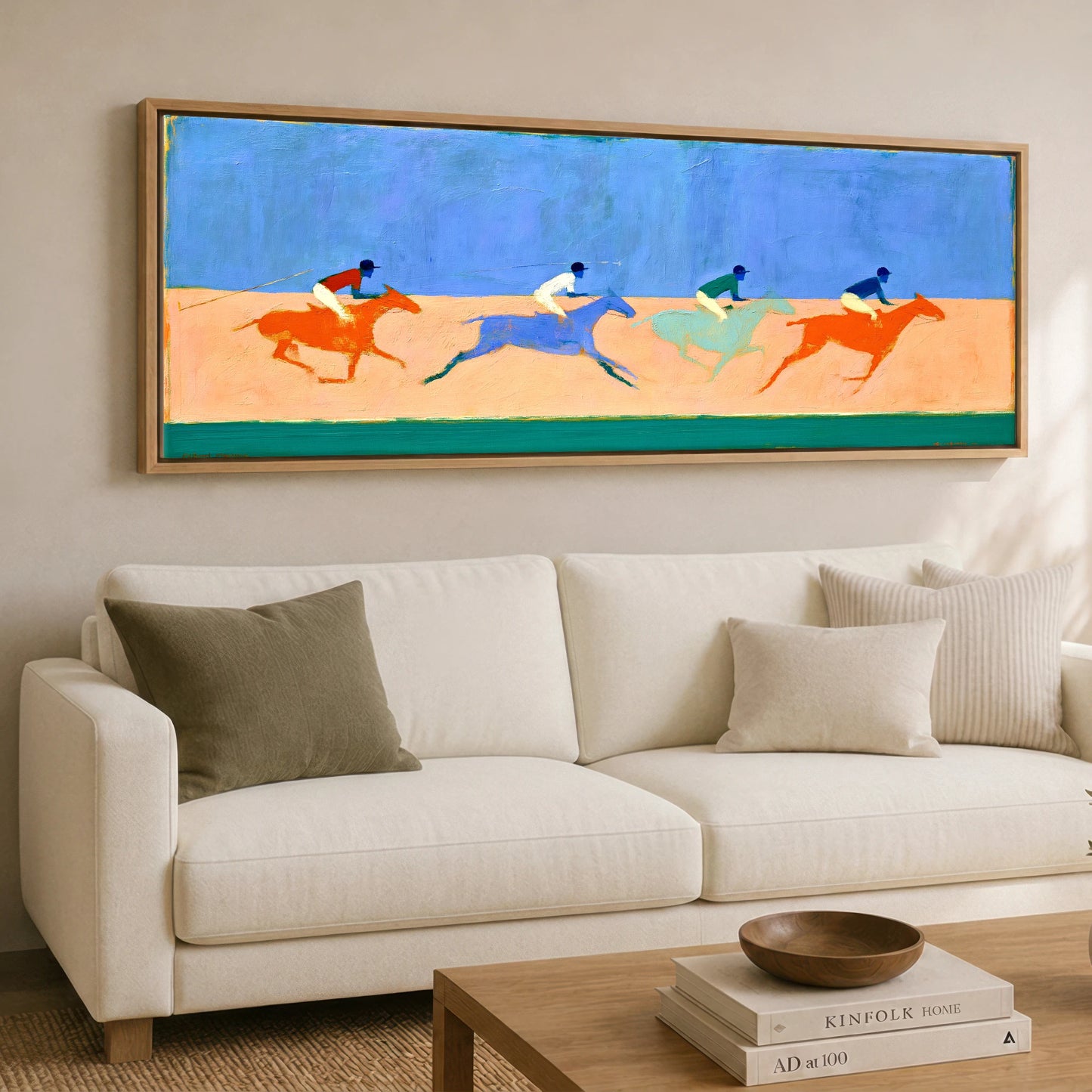 Colours of the Chukka Polo Horse panoramic canvas wall art displayed above a sofa