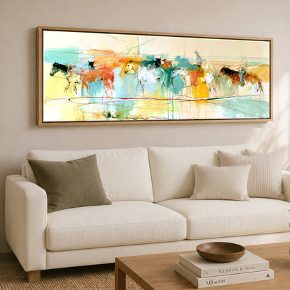 The Painted Trail Horse Landscape panoramic canvas wall art displayed above a sofa