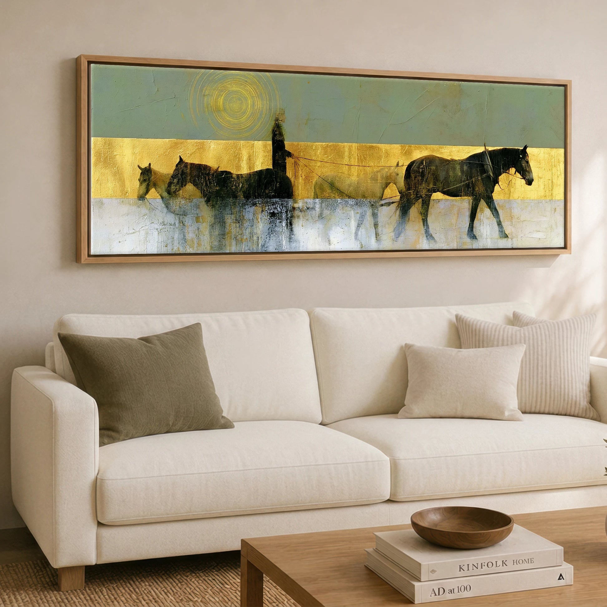 The Gilded String Working Horse panoramic canvas wall art displayed above a sofa