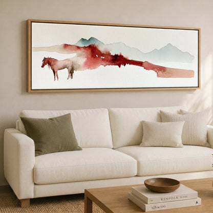 Crimson Ridge Horizon Horse Landscape panoramic canvas wall art displayed above a sofa