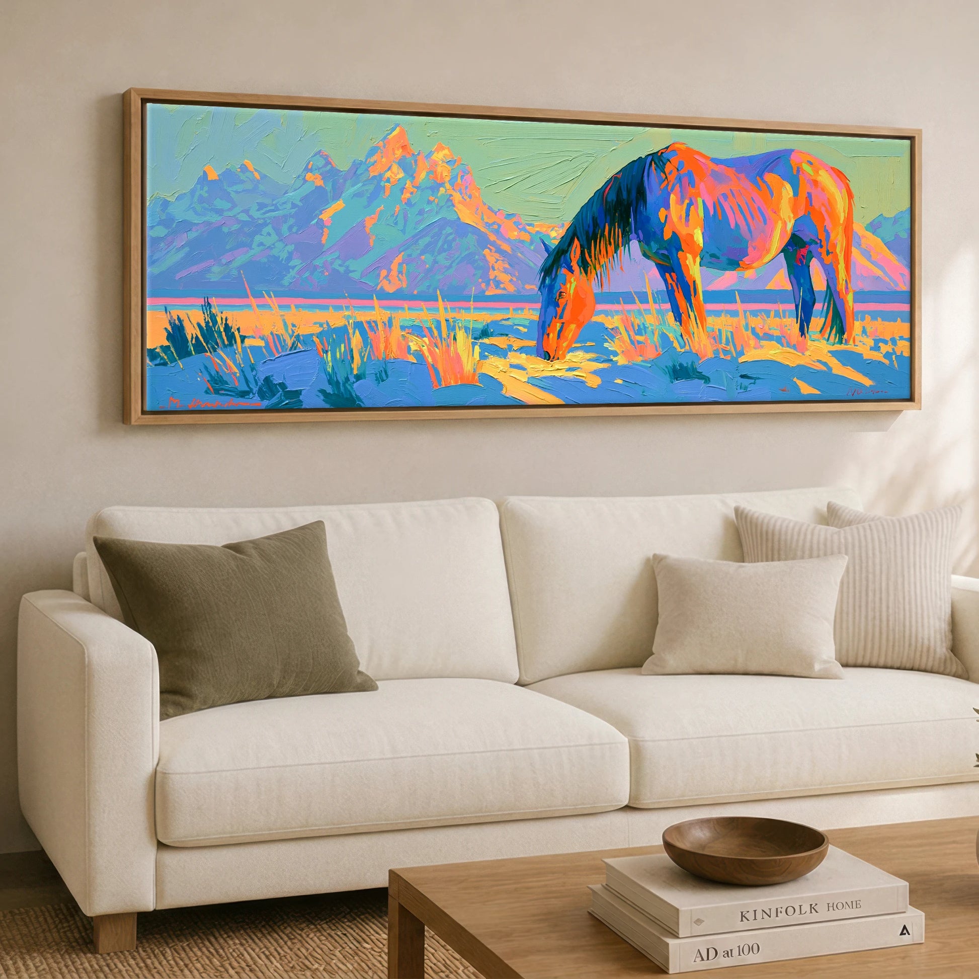 Wild Cobalt Range Horse Landscape panoramic canvas wall art displayed above a sofa