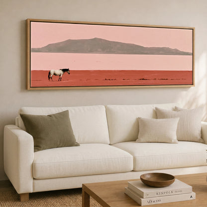 Terracotta Horizon Horse Landscape panoramic canvas wall art displayed above a sofa