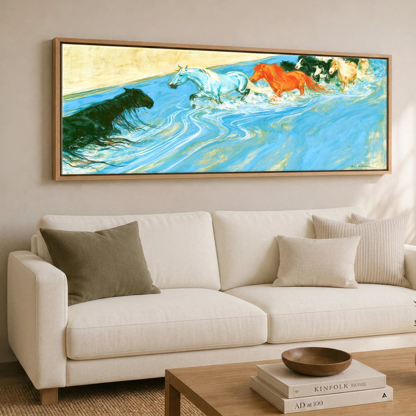 The Azure Crossing Horse Landscape panoramic canvas wall art displayed above a sofa