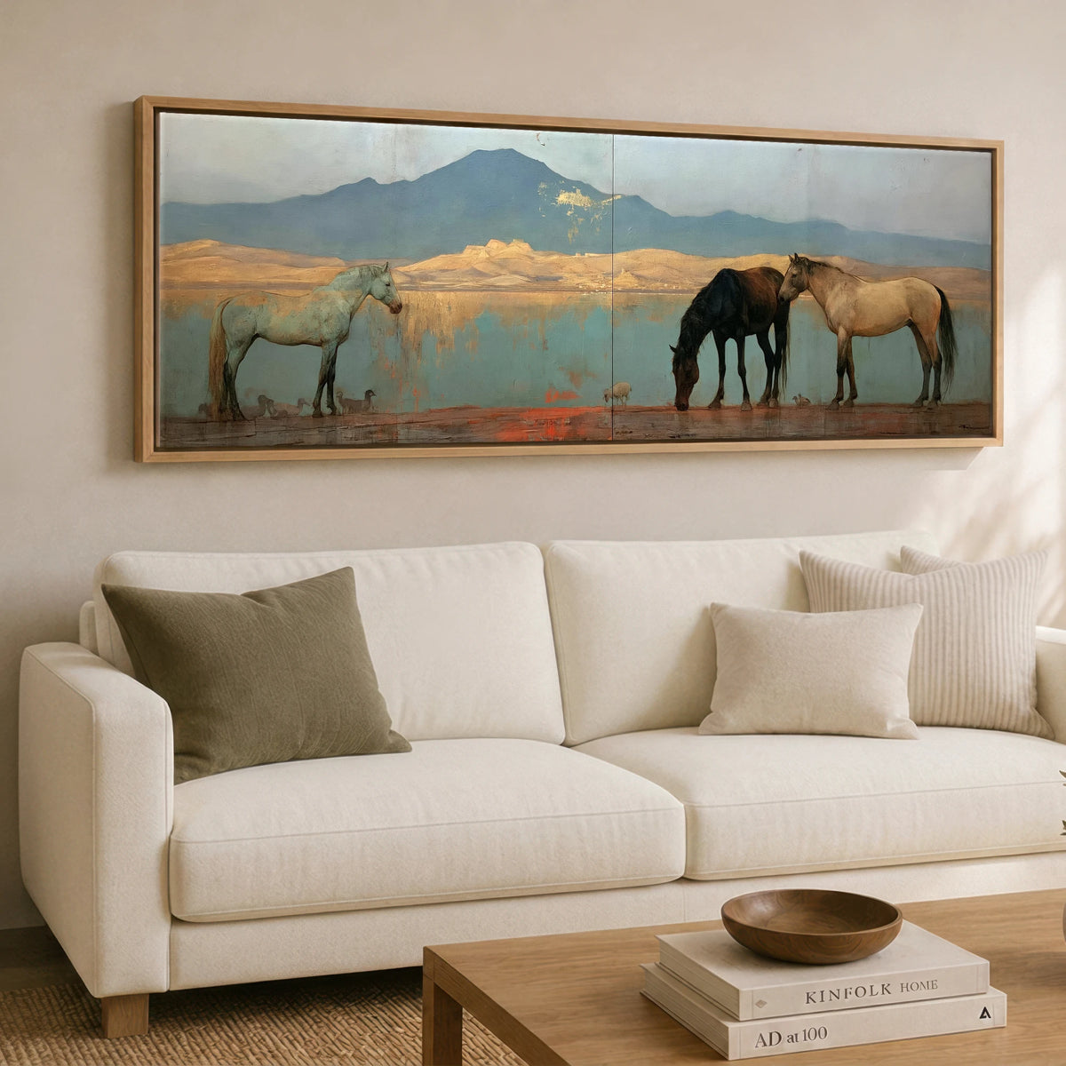 Gilded Shoreline Reflections Horse Landscape panoramic canvas wall art displayed above a sofa