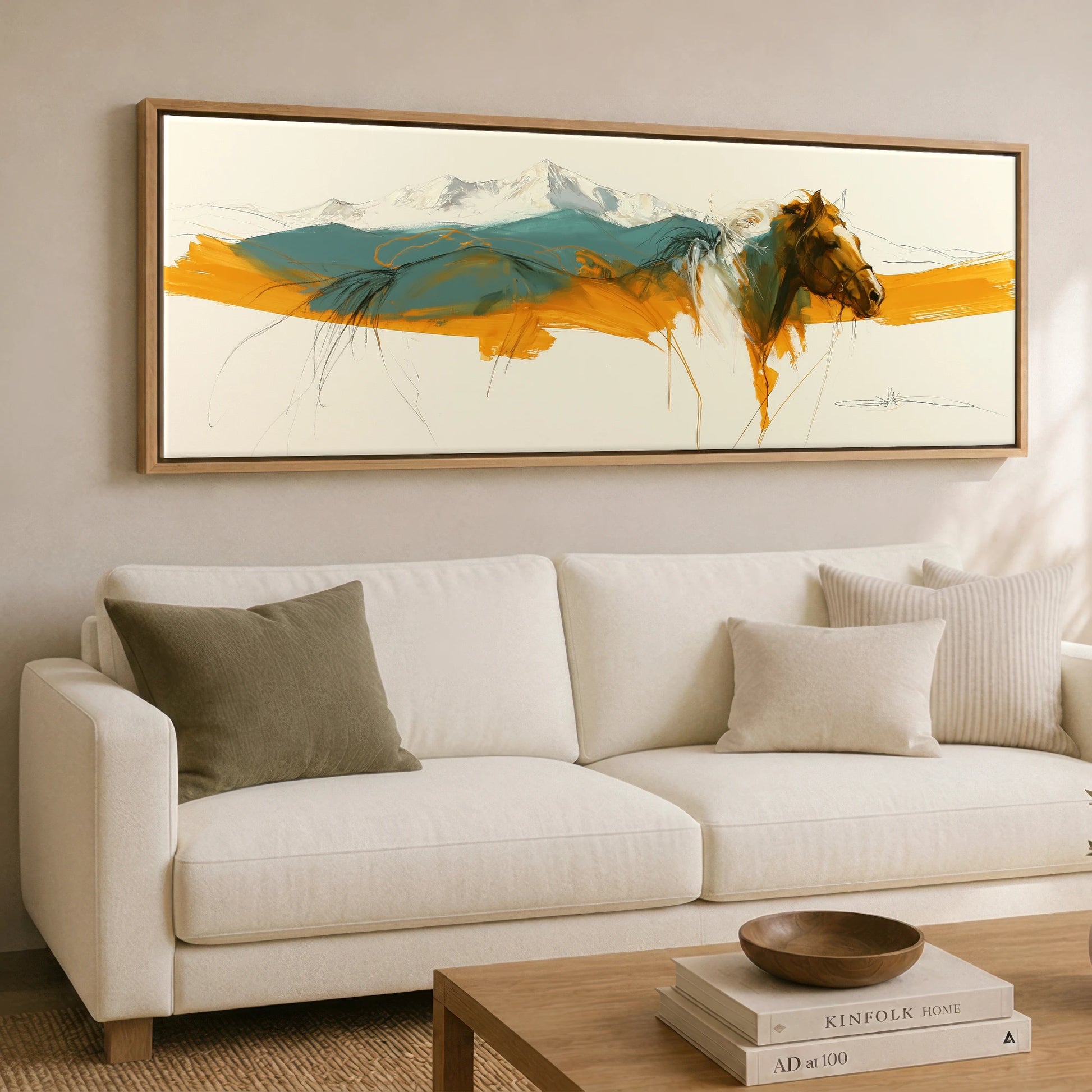 Amber Mountain Horizon Horse Landscape panoramic canvas wall art displayed above a sofa