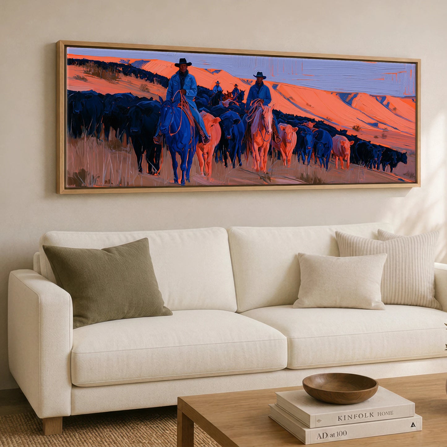 Indigo Western Trail Western Horse panoramic canvas wall art displayed above a sofa