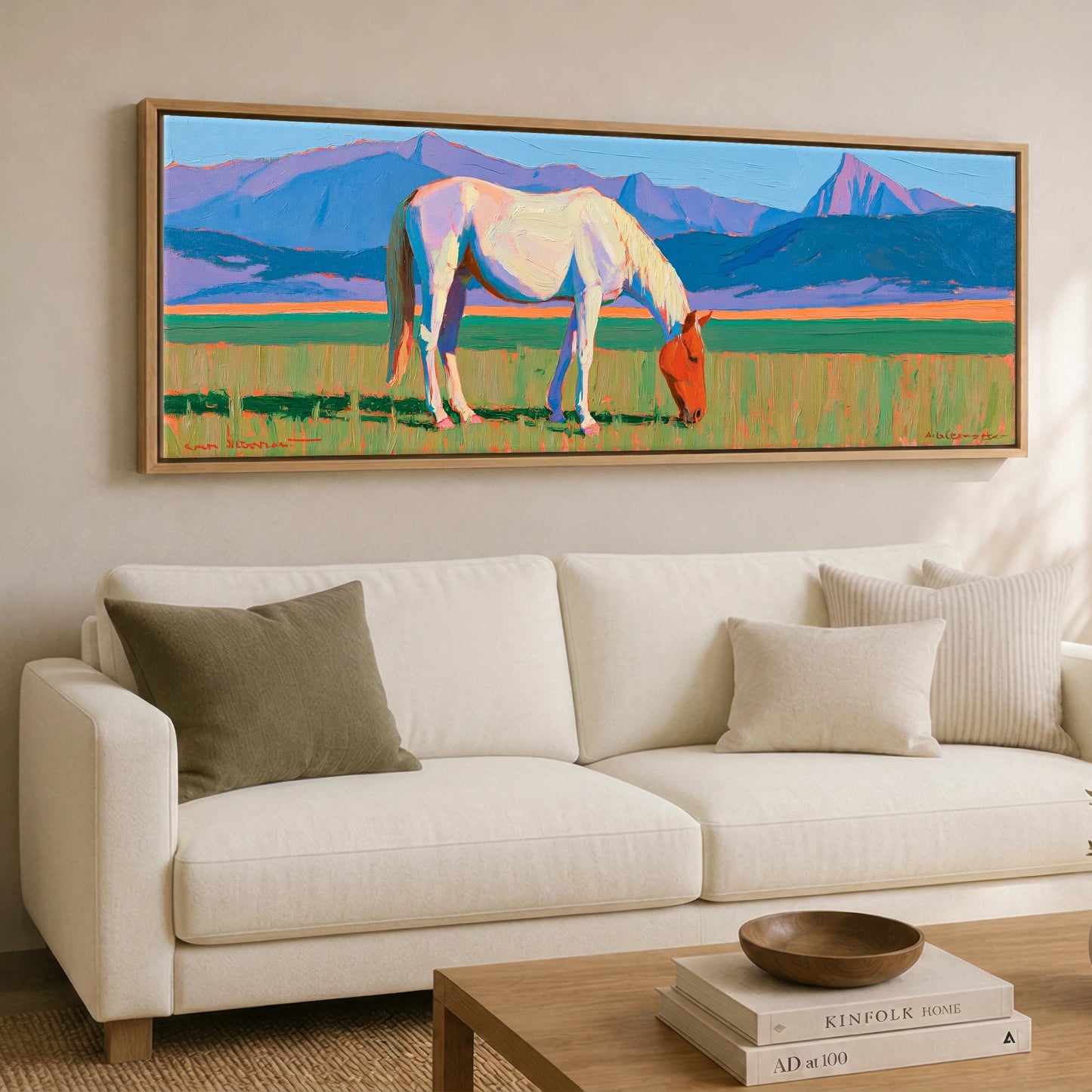 Vivid Mountain Pasture Horse Landscape panoramic canvas wall art displayed above a sofa
