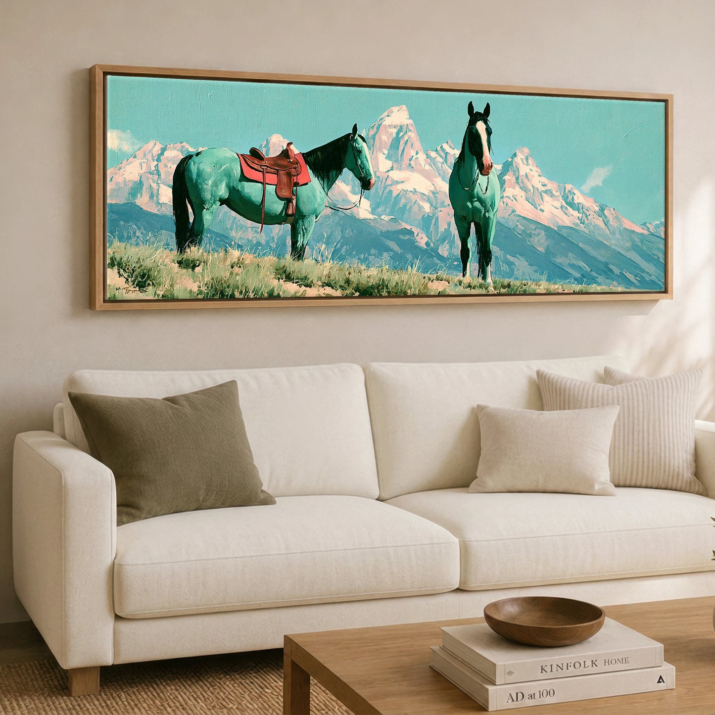 Vivid High Country Horse Landscape panoramic canvas wall art displayed above a sofa