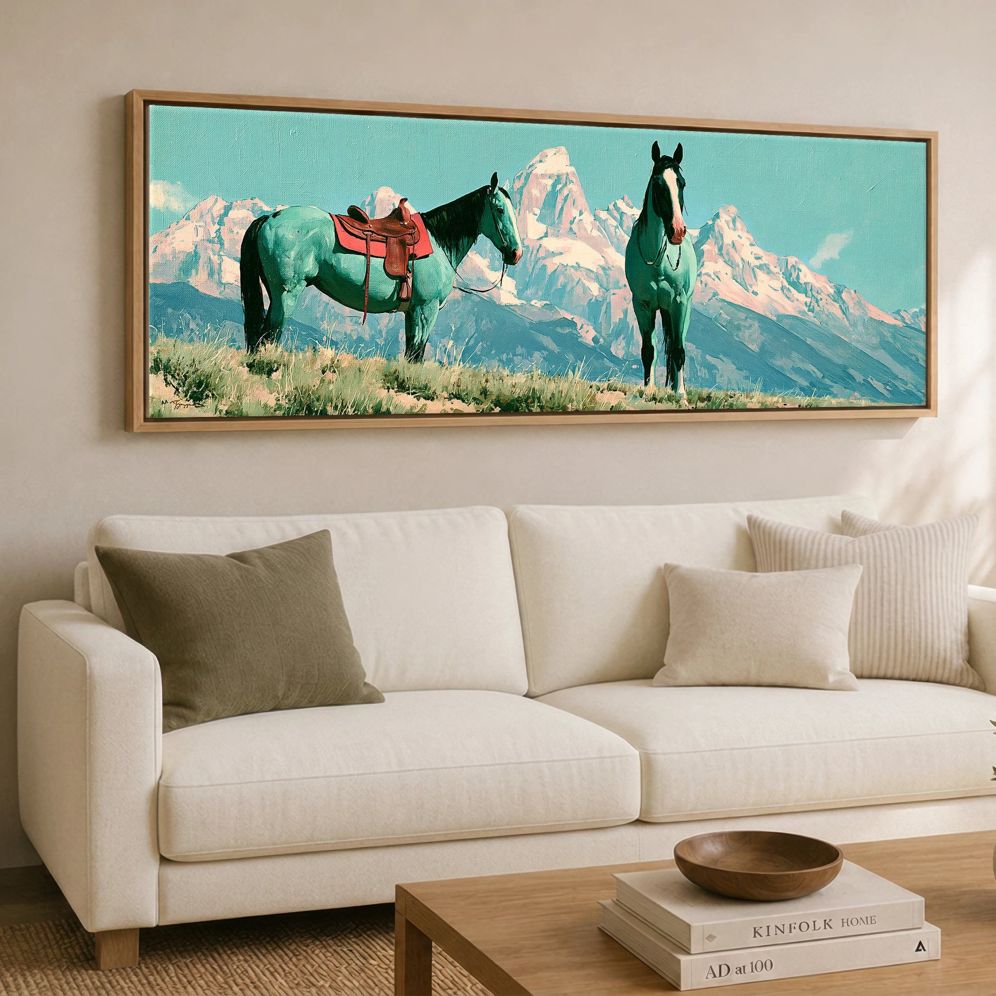 Vivid High Country Horse Landscape panoramic canvas wall art displayed above a sofa
