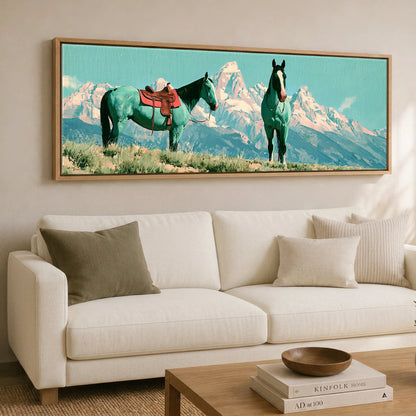 Vivid High Country Horse Landscape panoramic canvas wall art displayed above a sofa