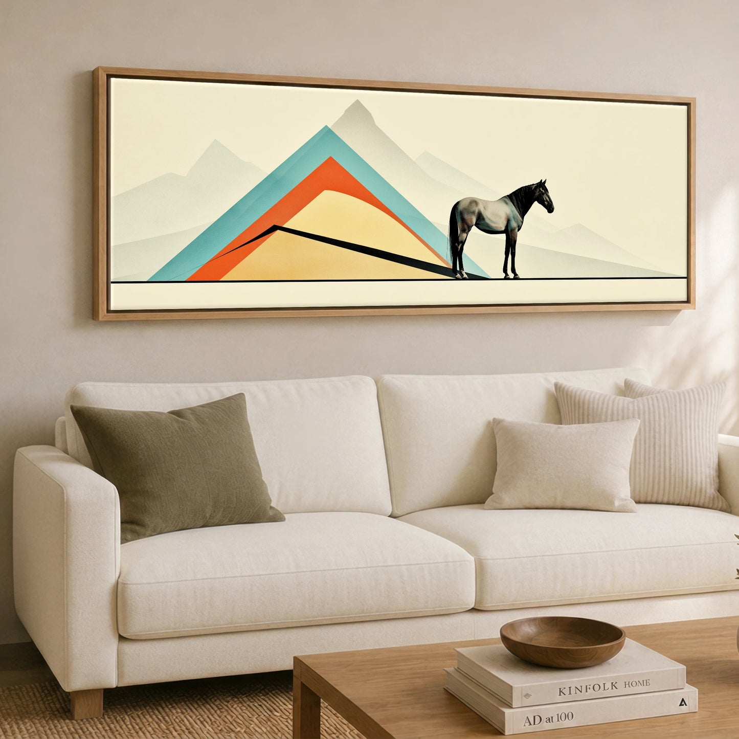 Geometric Equine Horizon Horse Landscape panoramic canvas wall art displayed above a sofa
