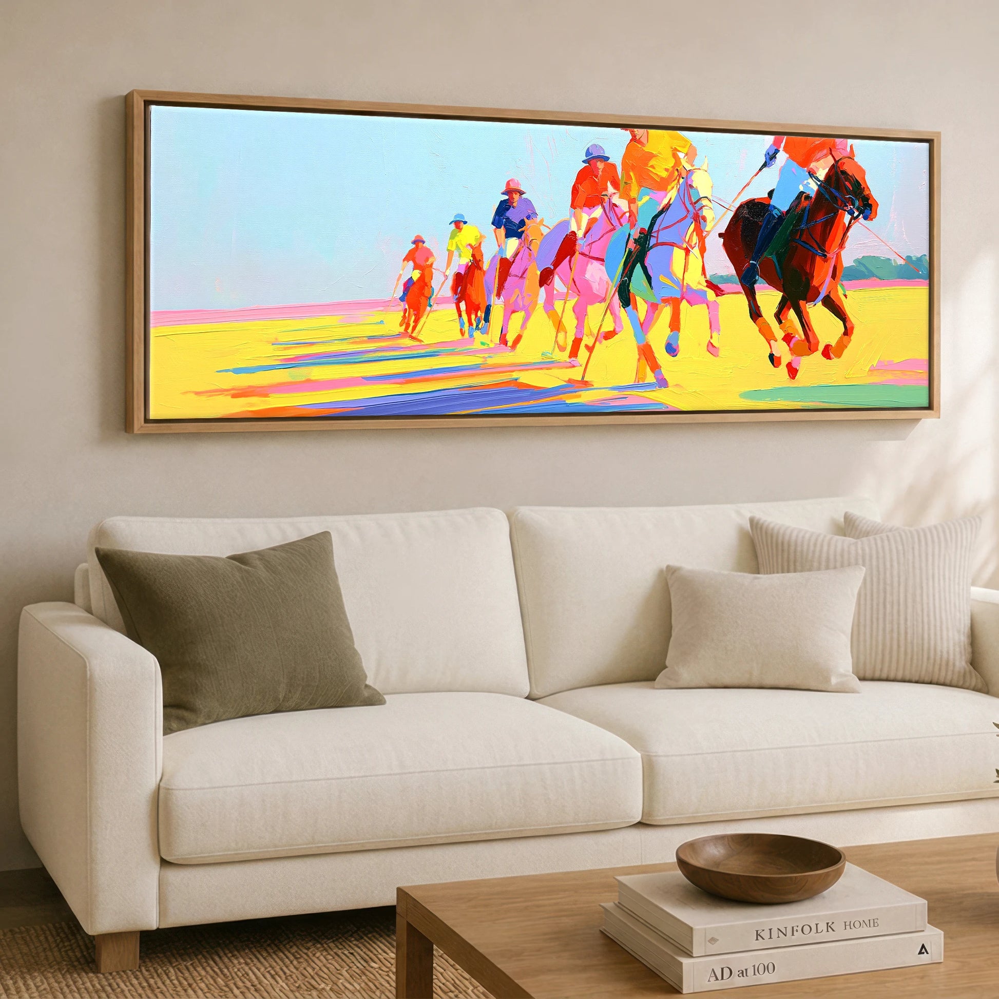 Technicolour Polo Charge Polo Horse panoramic canvas wall art displayed above a sofa
