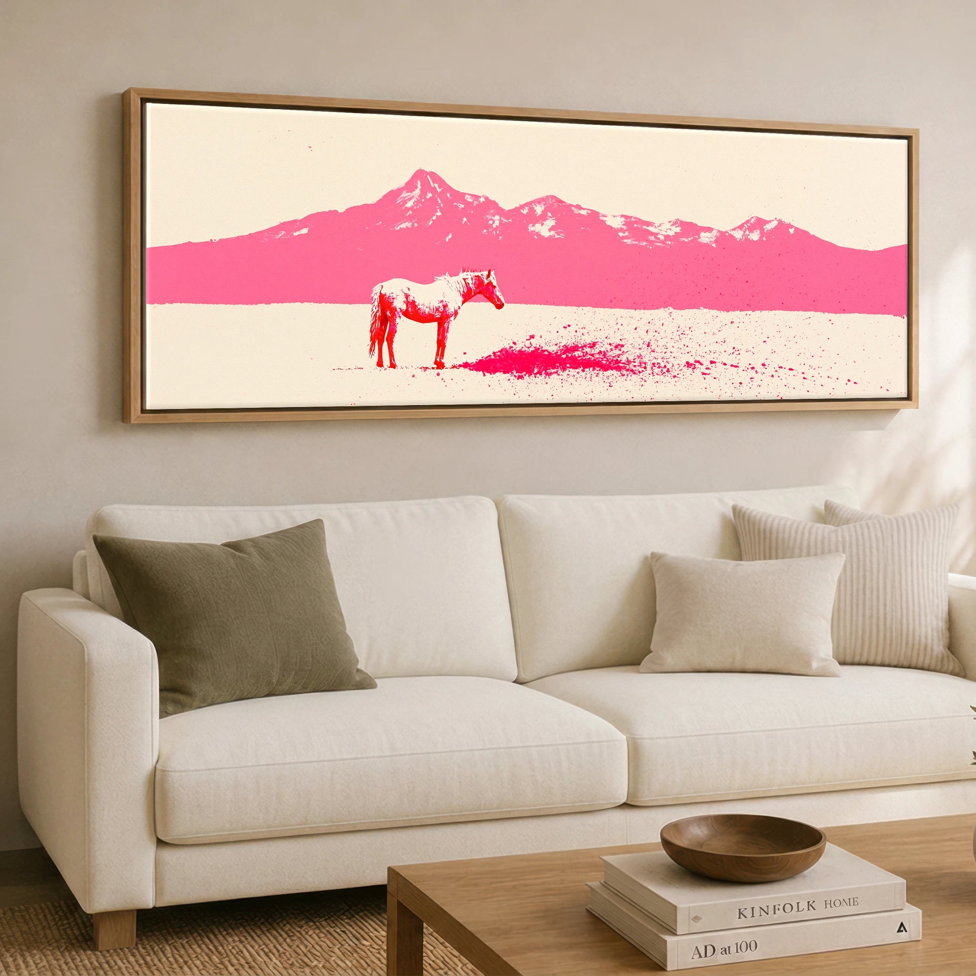 Magenta Mountains Horse Landscape panoramic canvas wall art displayed above a sofa