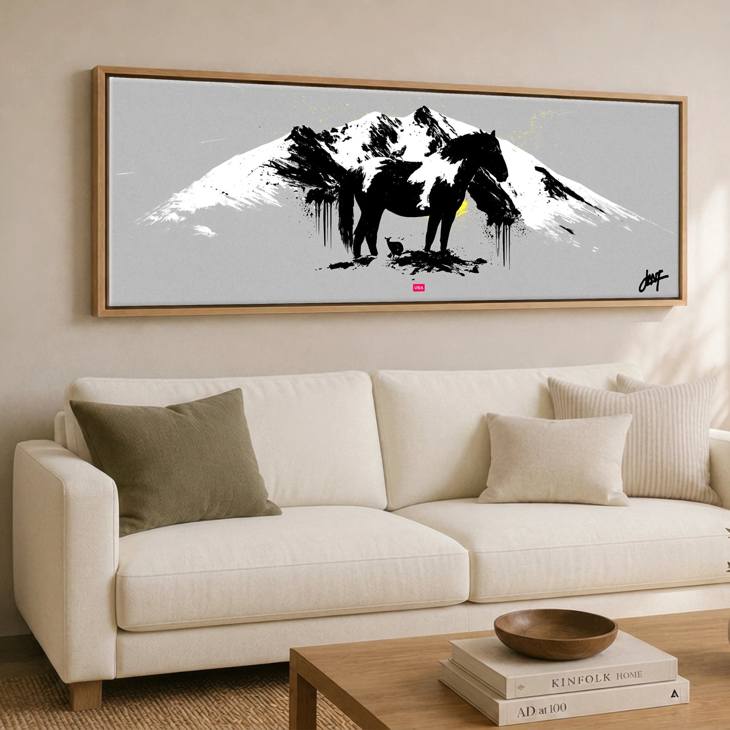 Bold Alpine Silhouette Horse Landscape panoramic canvas wall art displayed above a sofa