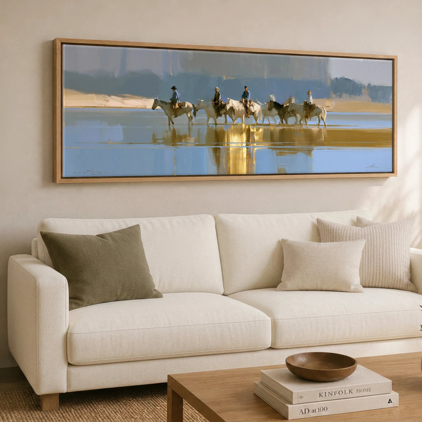Sunlit River Crossing Horse Landscape panoramic canvas wall art displayed above a sofa