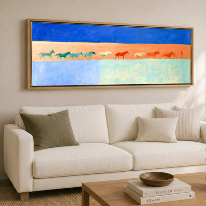 Bold Equine Horizon Horse Landscape panoramic canvas wall art displayed above a sofa