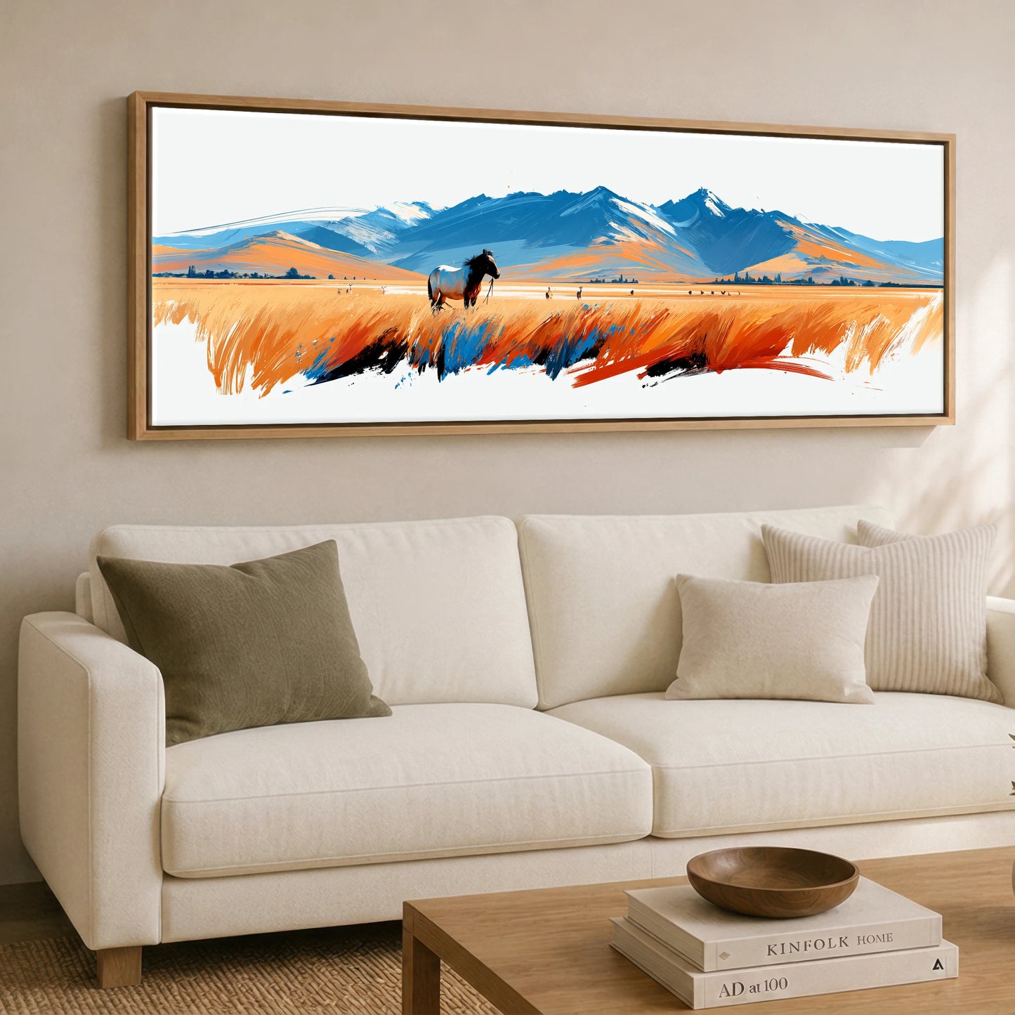 Painted Plains Horse Landscape panoramic canvas wall art displayed above a sofa