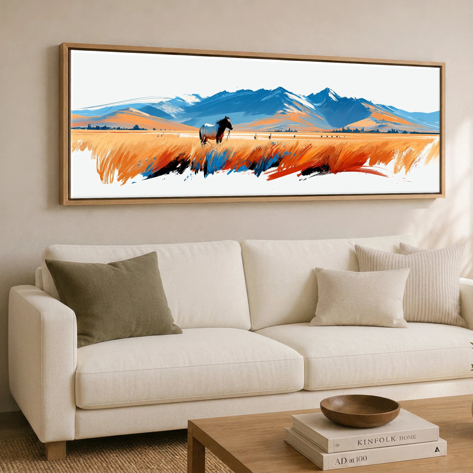 Painted Plains Horse Landscape panoramic canvas wall art displayed above a sofa
