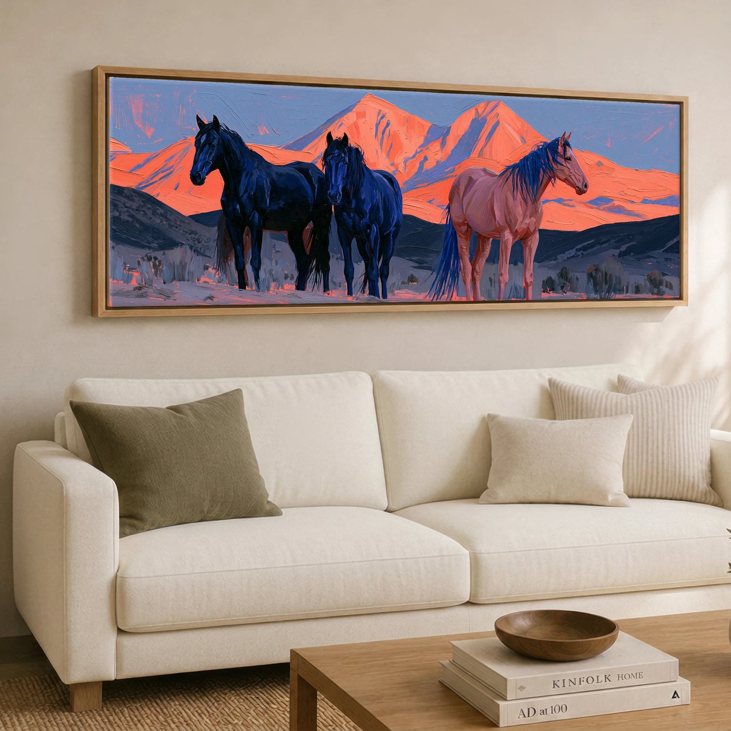 Horses of the Painted Ridge Horse Landscape panoramic canvas wall art displayed above a sofa
