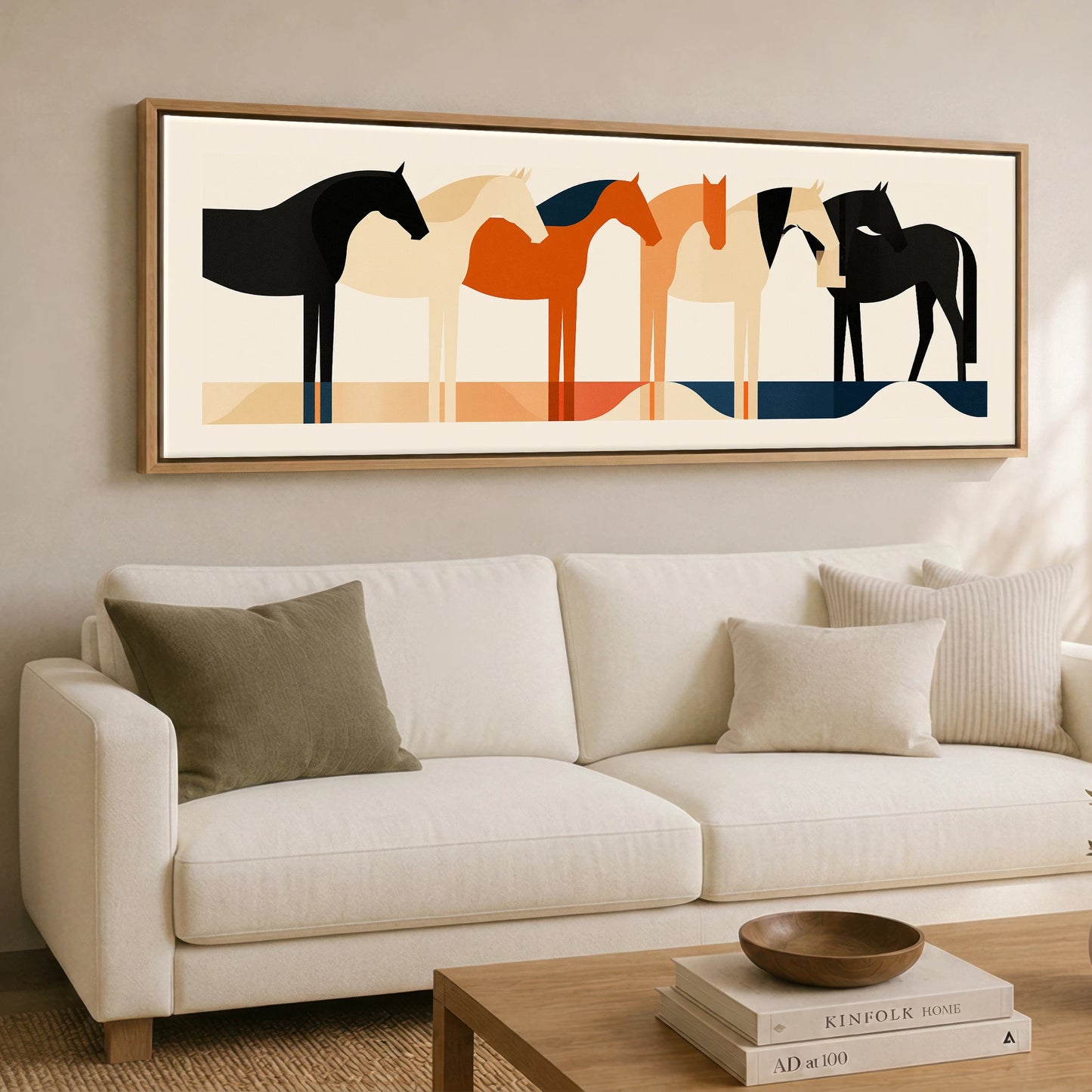 Geometric Equine Harmony Wild Horses panoramic canvas wall art displayed above a sofa