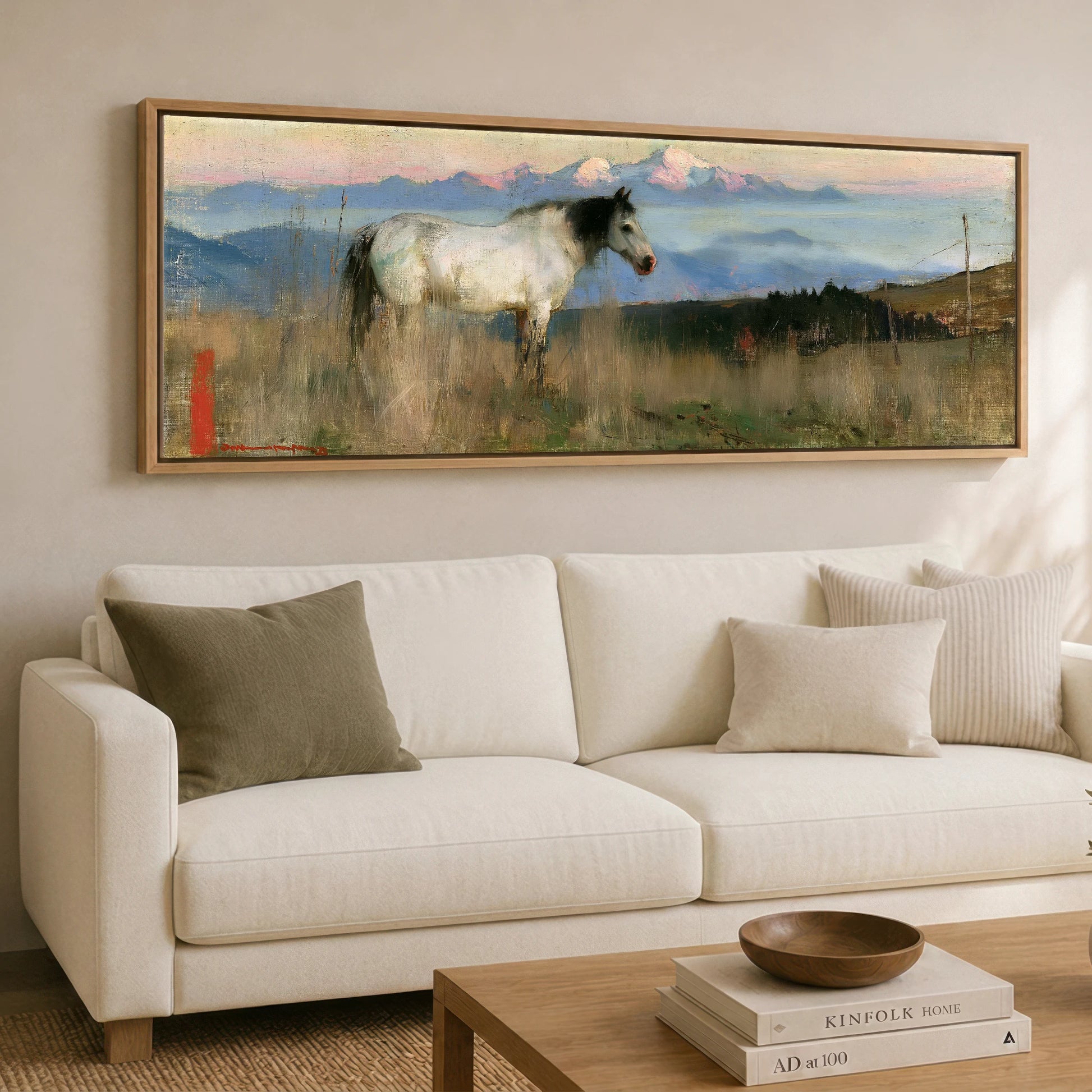 High Country Dawn Horse Landscape panoramic canvas wall art displayed above a sofa