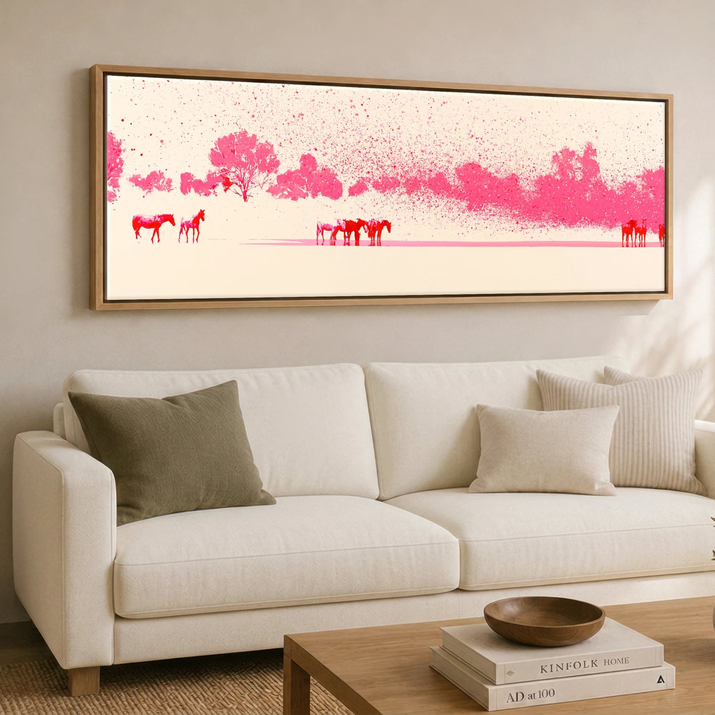 Crimson Mirage Wild Horses panoramic canvas wall art displayed above a sofa