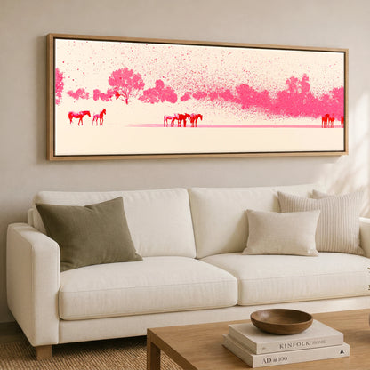 Crimson Mirage Wild Horses panoramic canvas wall art displayed above a sofa