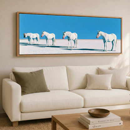 Silent Greys Beneath Azure Horse Landscape panoramic canvas wall art displayed above a sofa