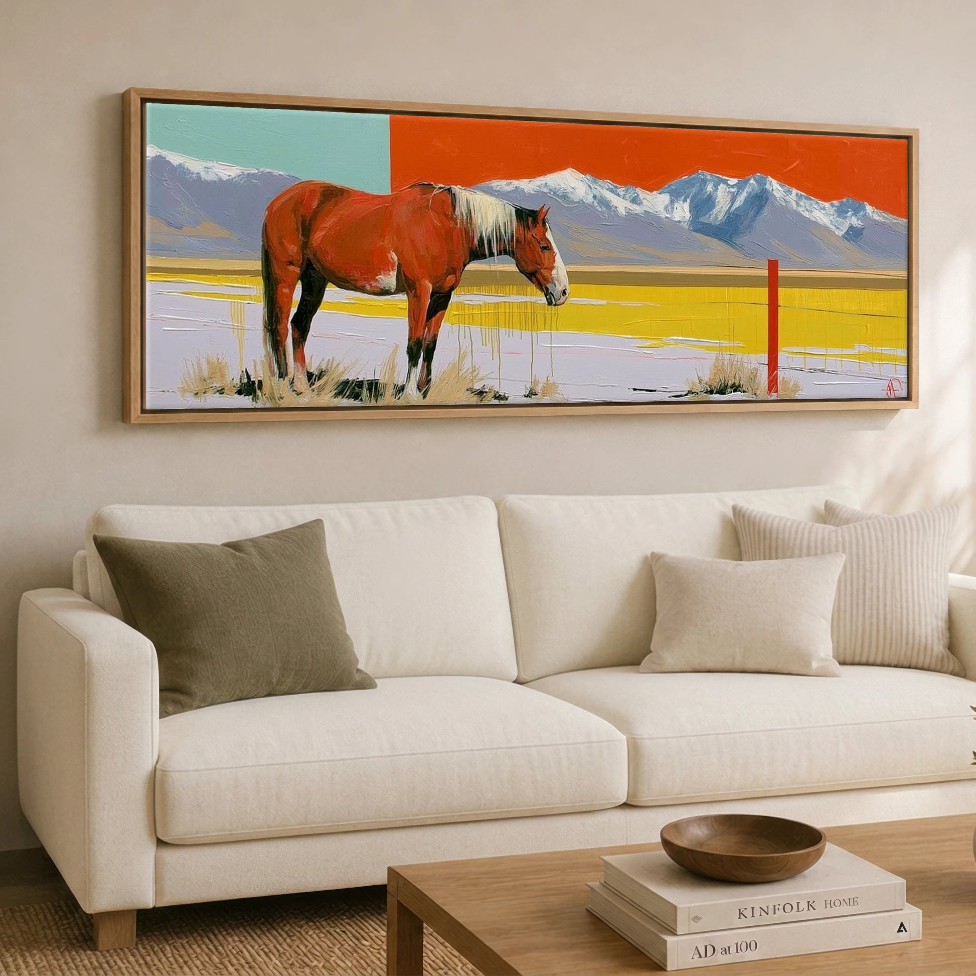 Painted High Country Horse Landscape panoramic canvas wall art displayed above a sofa