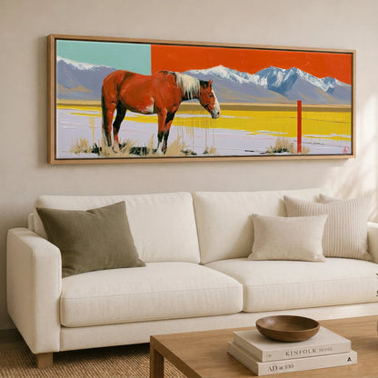 Painted High Country Horse Landscape panoramic canvas wall art displayed above a sofa