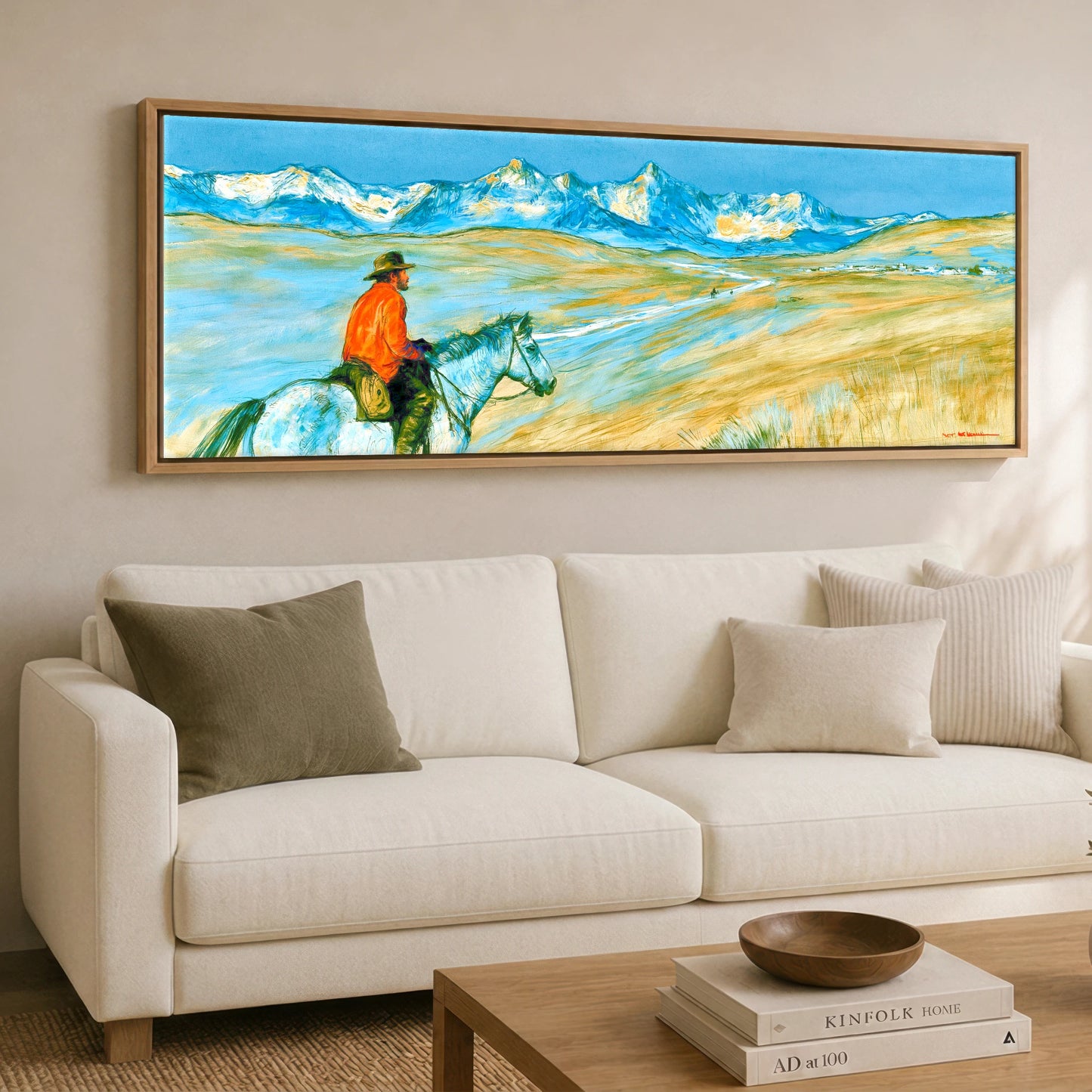 High Country Horizon Horse Landscape panoramic canvas wall art displayed above a sofa