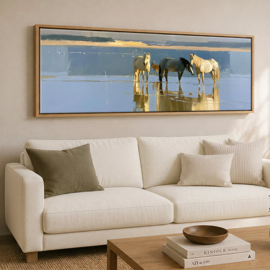 Coastal Reflections Beach Horse panoramic canvas wall art displayed above a sofa