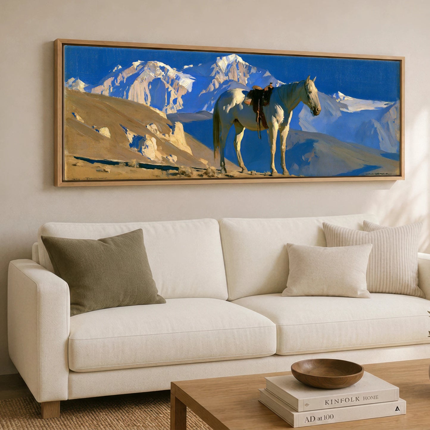 Sunlit Ridge Horse Landscape panoramic canvas wall art displayed above a sofa