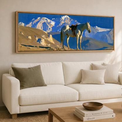 Sunlit Ridge Horse Landscape panoramic canvas wall art displayed above a sofa
