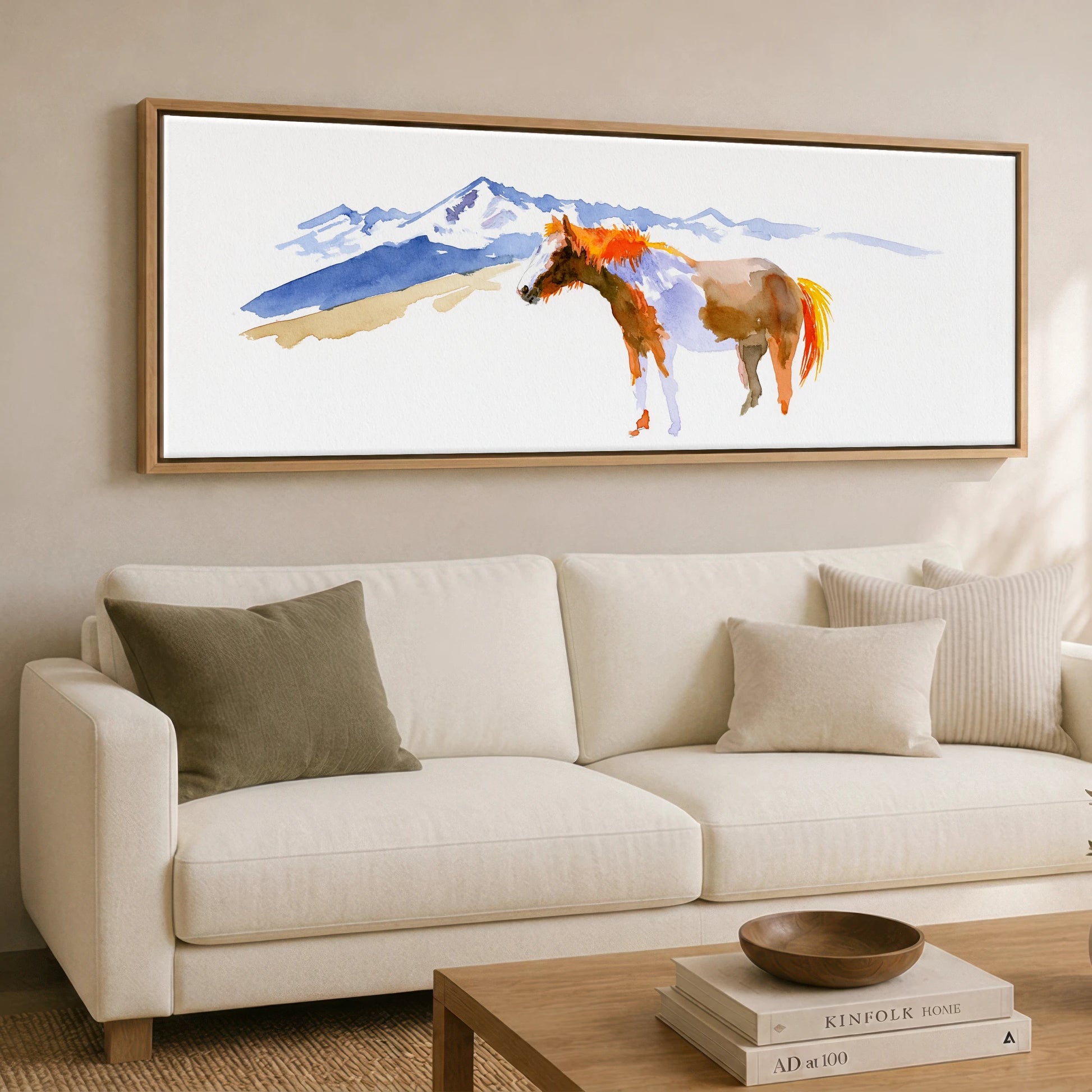 Spirit of the Ridge Horse Landscape panoramic canvas wall art displayed above a sofa