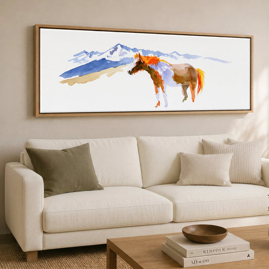 Spirit of the Ridge Horse Landscape panoramic canvas wall art displayed above a sofa