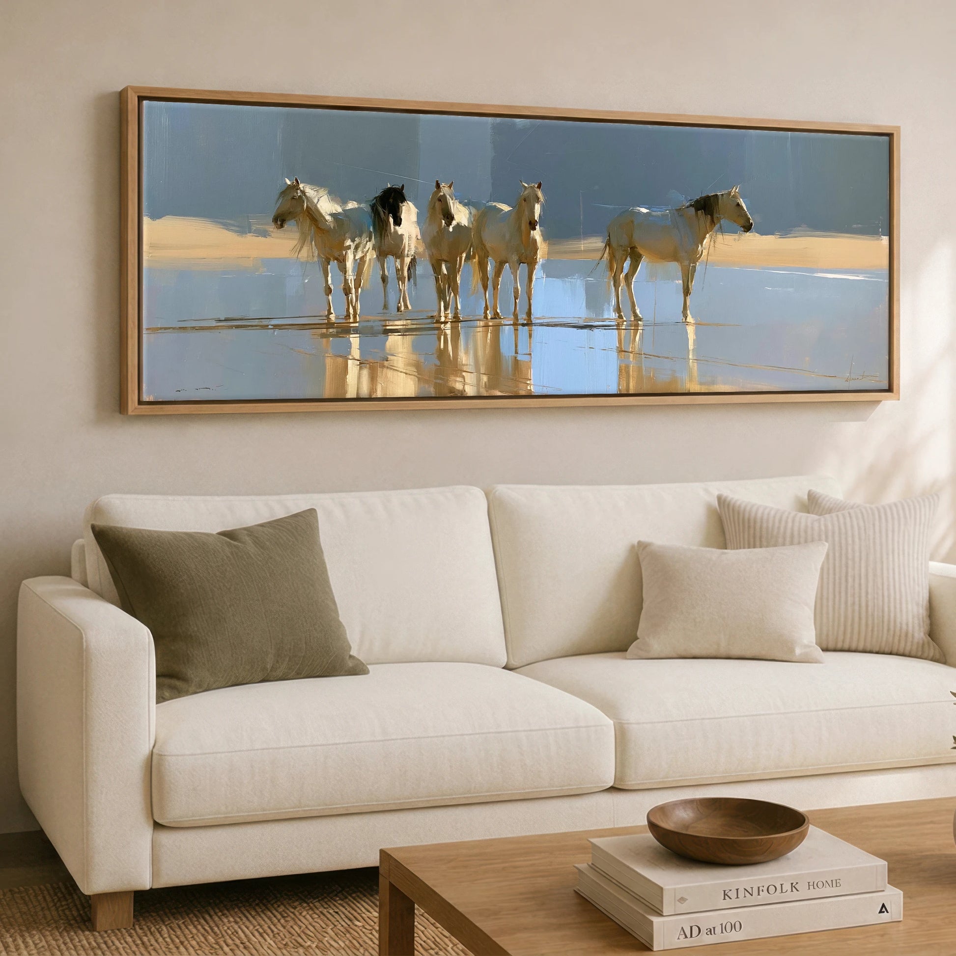 Coastal Reflections Beach Horse panoramic canvas wall art displayed above a sofa