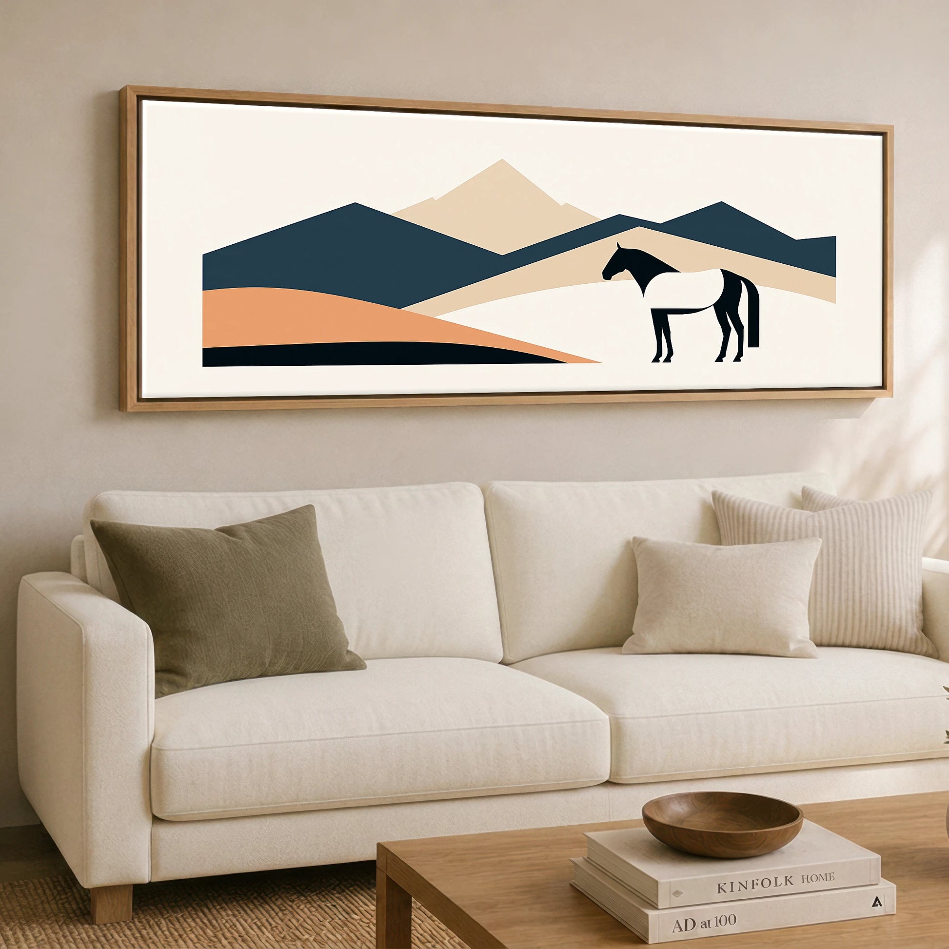 Geometric Equine Horizon Horse Landscape panoramic canvas wall art displayed above a sofa