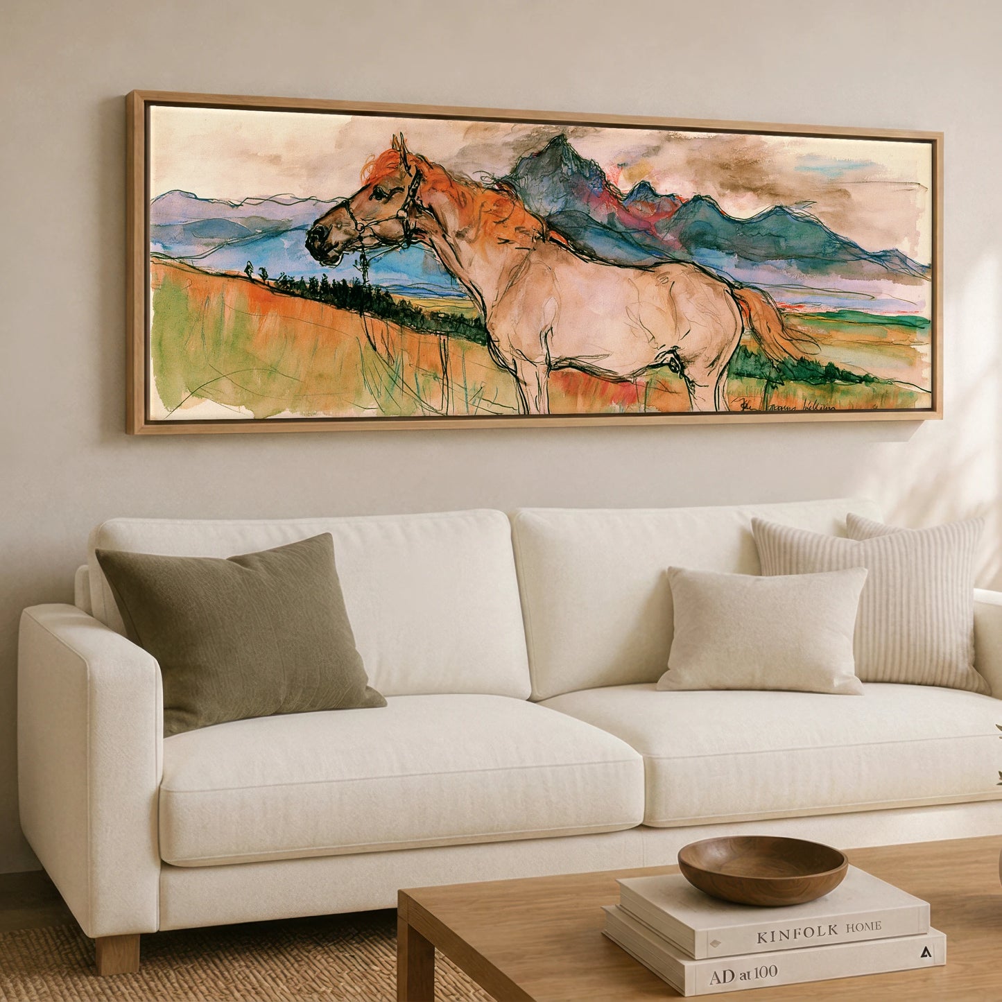Mountain Spirit in Ochre Horse Landscape panoramic canvas wall art displayed above a sofa
