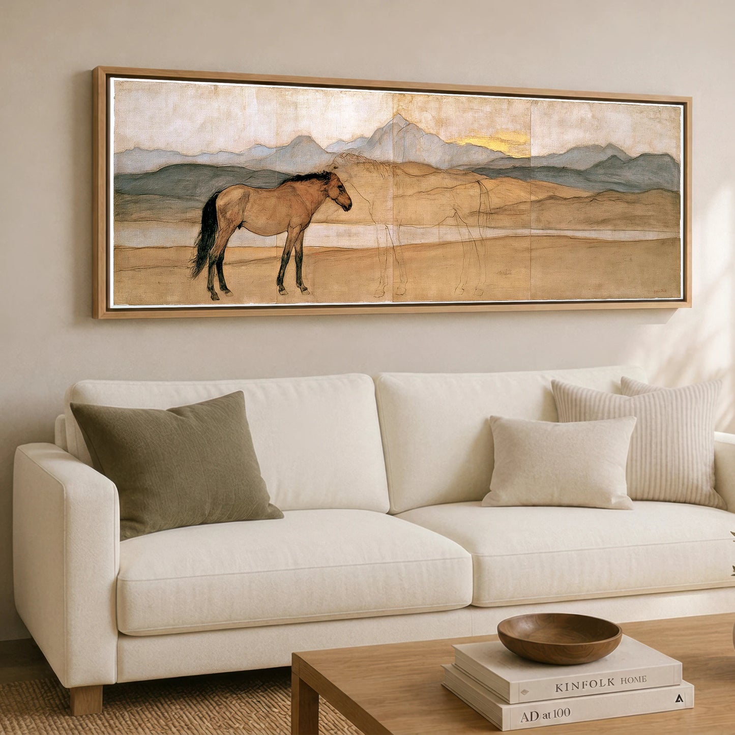 Whispers of the Herd Horse Landscape panoramic canvas wall art displayed above a sofa