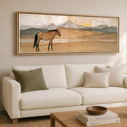 Whispers of the Herd Horse Landscape panoramic canvas wall art displayed above a sofa