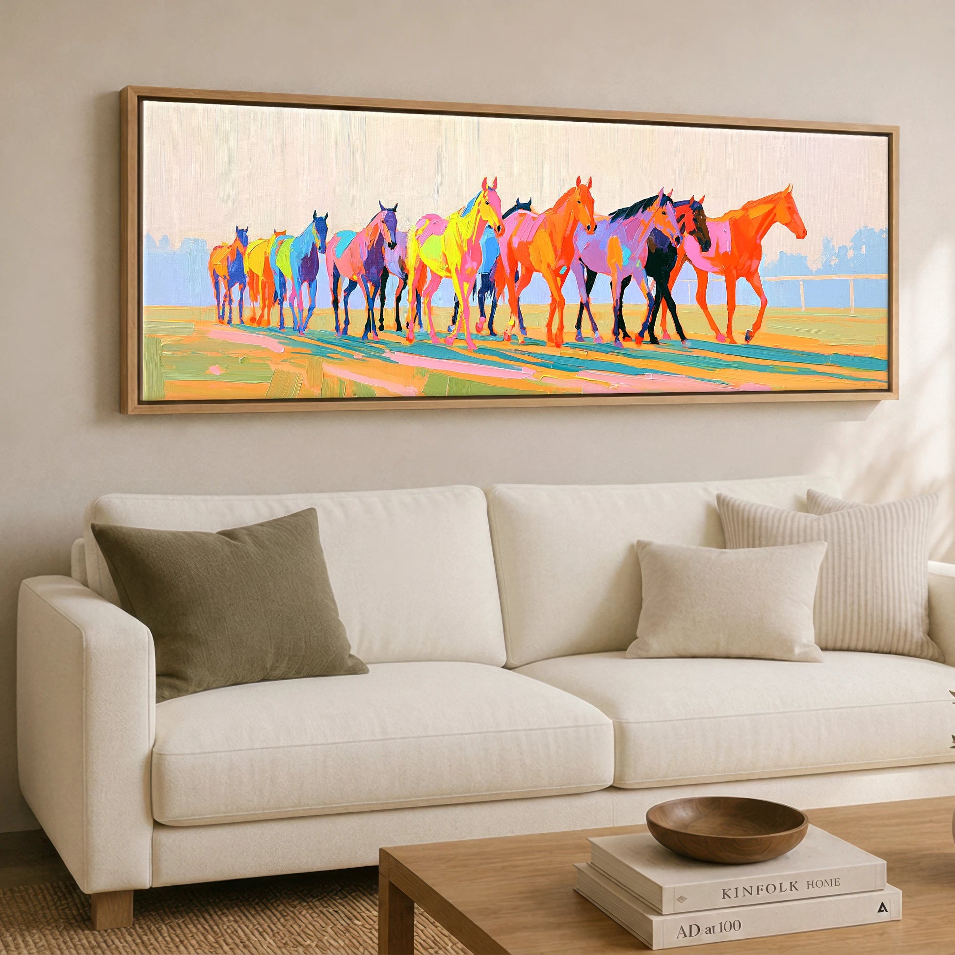 Vibrant Racing String Racing Horse panoramic canvas wall art displayed above a sofa
