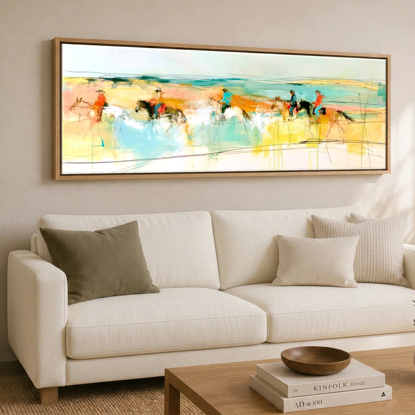 Vibrant Coastal Ride Beach Horse panoramic canvas wall art displayed above a sofa
