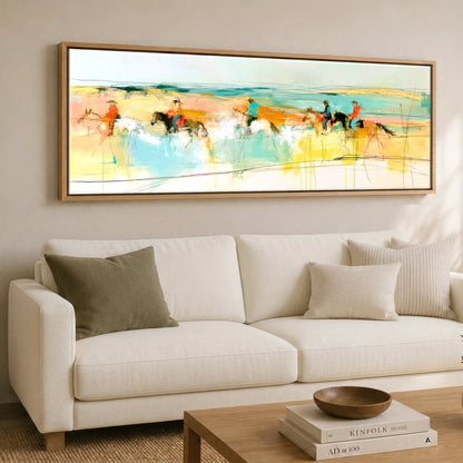Vibrant Coastal Ride Beach Horse panoramic canvas wall art displayed above a sofa