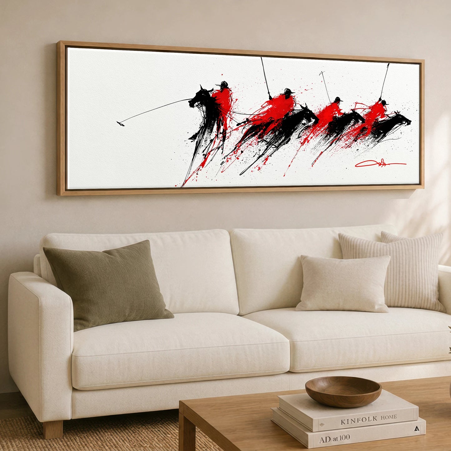 Crimson Polo Pursuit Polo Horse panoramic canvas wall art displayed above a sofa